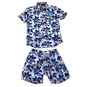 Free Planet 2 Piece Top & Swim‎ Trunk Set Men's Size Small USA Red White & Blue